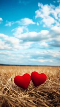 Two red hearts in a field of wheat photo