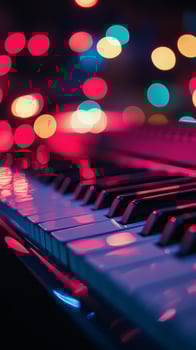 A piano keyboard with lights in the background photo