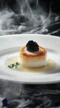 Elegant seared scallop with yuzu gel and black caviar presented on a frosted plate photo