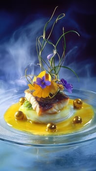 Buttery black cod paired with saffron emulsion and fragrant edible flowers on glass platter photo