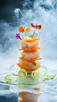 Scallop tartare tower with yuzu dressing and edible flowers creates a stunning culinary sculpture photo