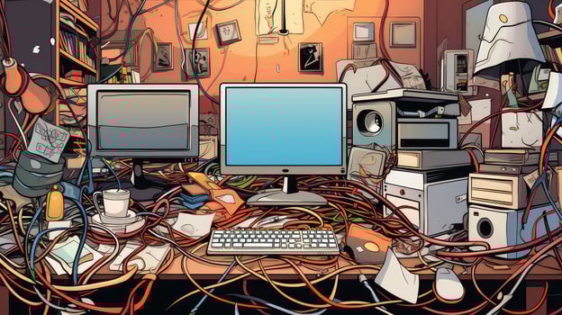 cords messy office illustration photo