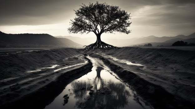 mystery black and white tree with roots photo