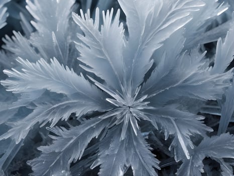 A close-up of frost forming delicate ice crystals, emphasizing their intricate and geometric shapes. photo
