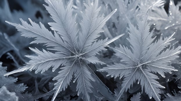 An extreme close-up of frost, showcasing the unique and detailed ice crystal formations. photo