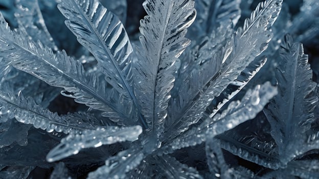 A close-up view of frost patterns on a surface, showcasing the detailed and artistic ice crystal formations. photo