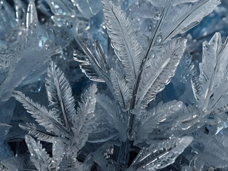 A detailed macro shot of frost forming delicate ice crystals with intricate, unique patterns. photo