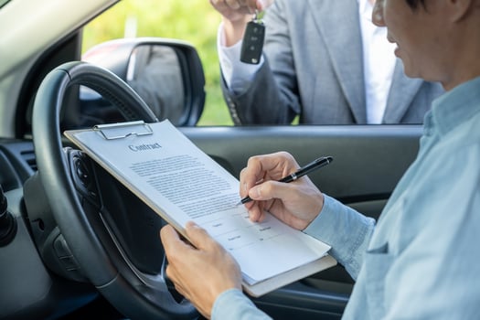 lease, rental car, sell, buy. Dealership send contract and car keys to new owner to sign. Sales, loan credit financial, rent vehicle, insurance, renting, dealer, installment, car care business. photo