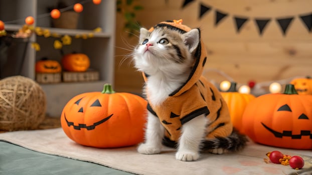 Adorable Kitten in Halloween Pumpkin Costume Posing photo