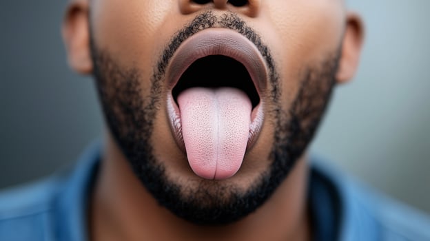 black man sticking out tongue from open mouth photo