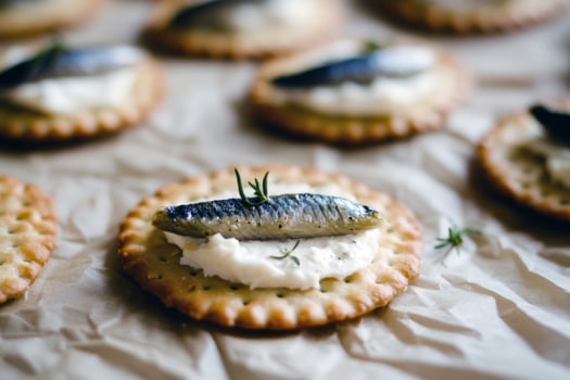 Savory crackers with cream cheese and sardine garnish on parchment paper photo
