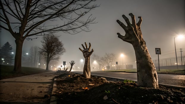 Spooky Zombie Hands Emerging from Graveyard on Foggy Halloween Night photo