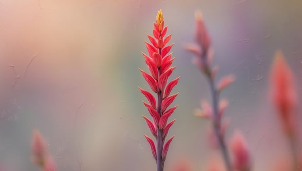 A macro shot of a vibrant red hot poker flower a blurred soft color background photo