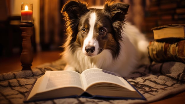 intelligent dog reading book photo