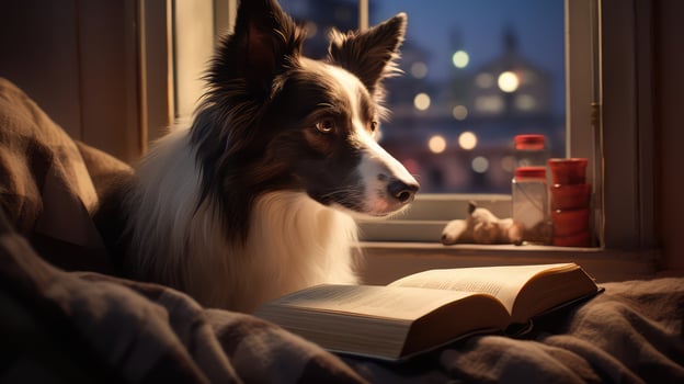 window dog reading a book photo