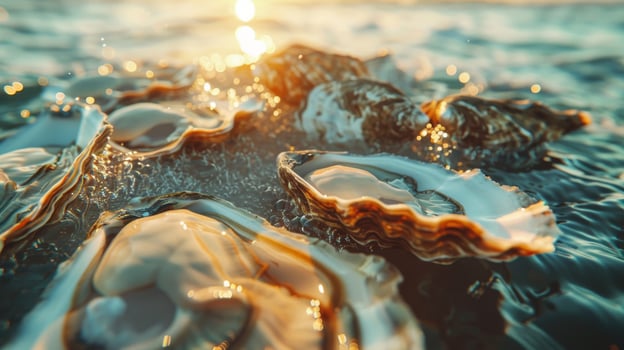 Oysters are scattered on the sandy shore, half open in the water while sunlight creates a shimmering effect on the surface during sunset. photo