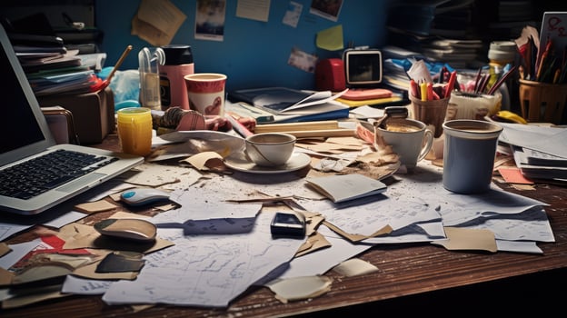 disorganized close up desk at angle photo