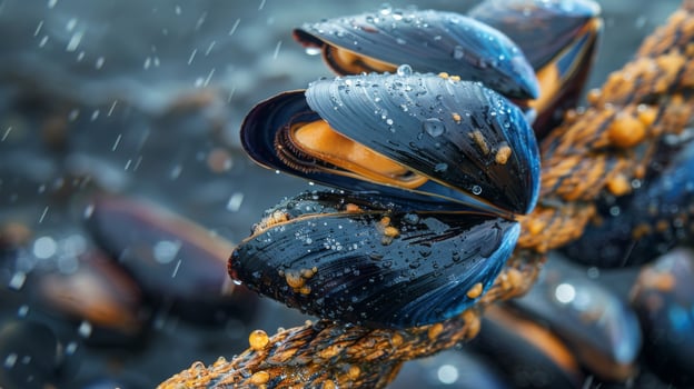 Clusters of mussels cling to a weathered rope in a coastal environment, glistening with moisture from the rain, showcasing the beauty of marine life and habitats. photo