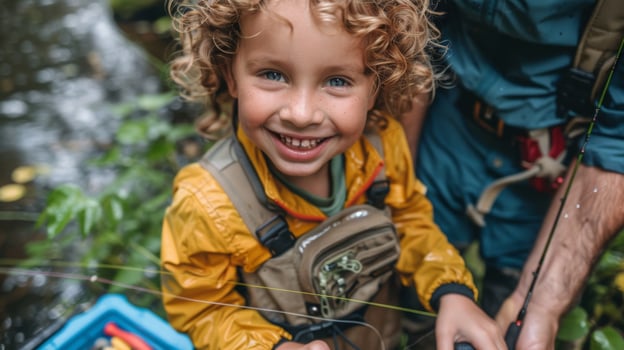 A young child in a bright yellow jacket smiles widely while holding a fishing rod near a stream. An adult provides guidance as they enjoy an outdoor fishing adventure together. photo