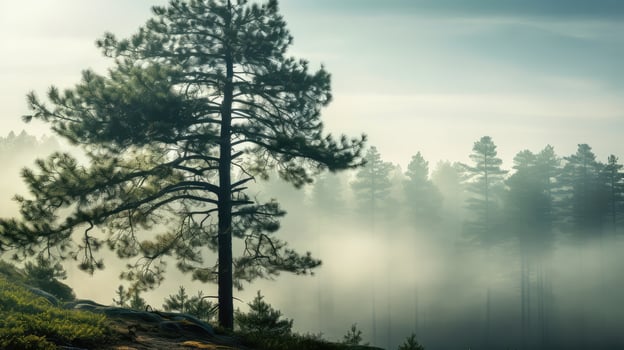 landscape foggy pine tree photo