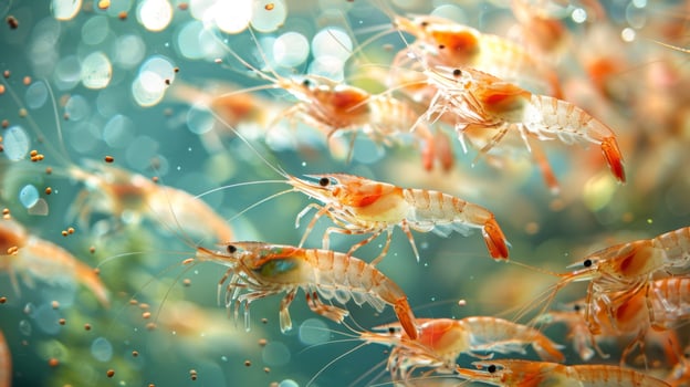 Groups of shrimp move swiftly through the sparkling water, their bright orange and transparent bodies reflecting light. They display agility as they navigate their underwater environment. photo