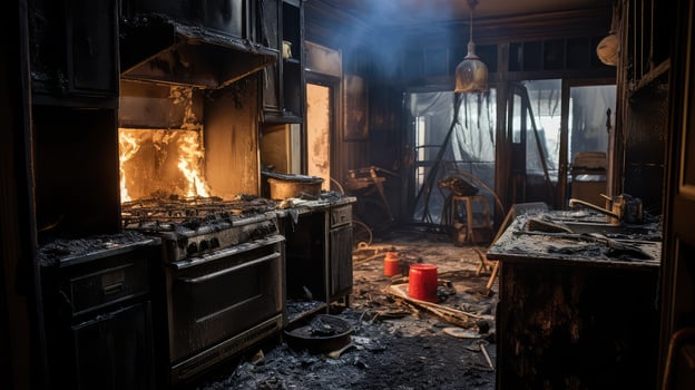 charred kitchen on fire photo