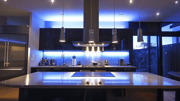 Modern Kitchen with Sleek Design and Ambient Lighting Effects photo