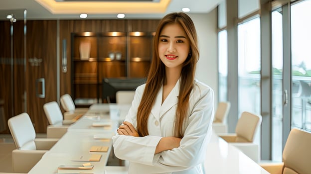 Confident Woman in White Lab Coat in Modern Office photo