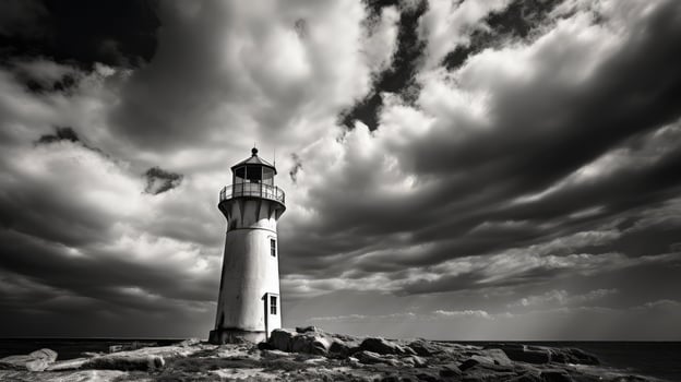 dramatic black and white lighthouse photo