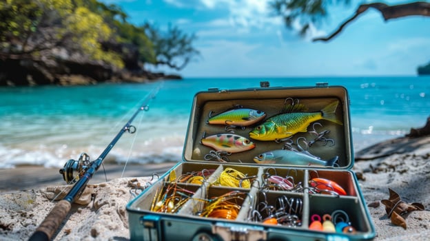 A fishing box sits on the white sand, displaying various lures while a fishing rod leans beside it. The background features serene turquoise water and lush greenery under a clear sky. photo