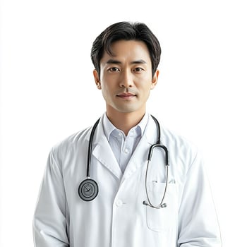 A male doctor wearing a white coat and stethoscope photo