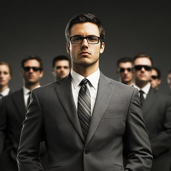 A man in a suit and tie standing in front of a group of men photo