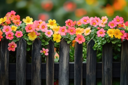 Pink daisies growing on rustic wooden fence in blooming garden photo