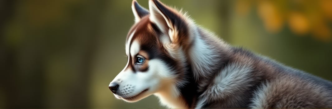 Young husky dog gazing thoughtfully in a sunlit forest during autumn photo