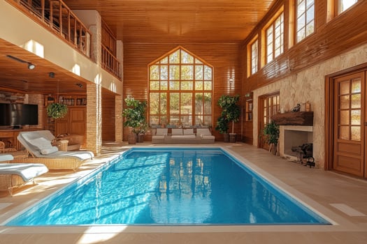Luxurious indoor swimming pool with wood ceiling and large windows illuminating the turquoise water photo