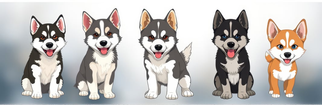 Cute cartoon corgis displaying different colors and expressions in a playful arrangement photo