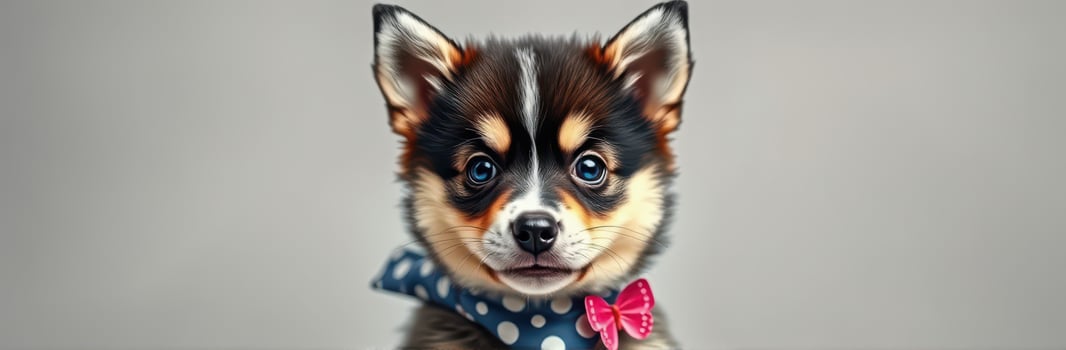 Cute puppy wearing a polka dot scarf and a bow tie poses for a close-up in a neutral background photo