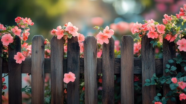 Pink flowers blooming over a rustic wooden fence in spring.. photo