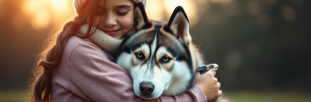 Young girl embraces her husky dog during a golden hour moment in a tranquil outdoor setting photo