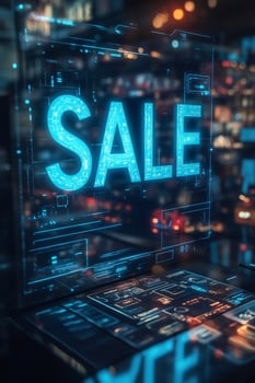 Futuristic hologram showing big sale sign in retail store photo
