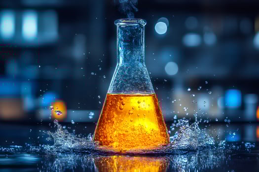 Chemical reaction creating bubbles in erlenmeyer flask with splashing water photo