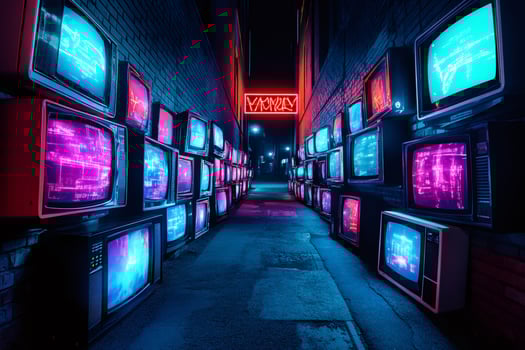 Alley filled with televisions displaying abstract graphics at night photo