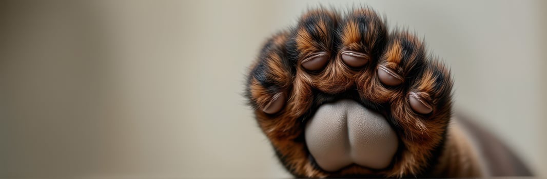 Large animal paw resting on a surface, showcasing intricate fur patterns and claws in a calm indoor setting photo