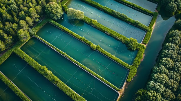 Aquaculture ponds filled with water surrounded by vibrant green vegetation offer a glimpse into sustainable fish farming practices under soft morning light, showcasing nature's harmony. photo