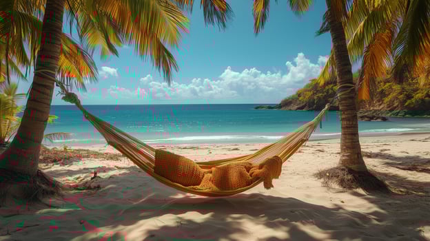 Relaxing afternoon in a hammock on a tropical beach with palm trees and clear blue ocean. photo