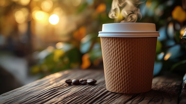 Warm coffee cup surrounded by nature in the evening light. photo