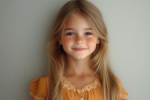 Young girl with long hair smiling warmly against a simple background. photo