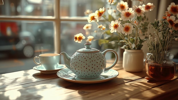 Elegant tea service with floral arrangements in a cozy cafe setting. photo