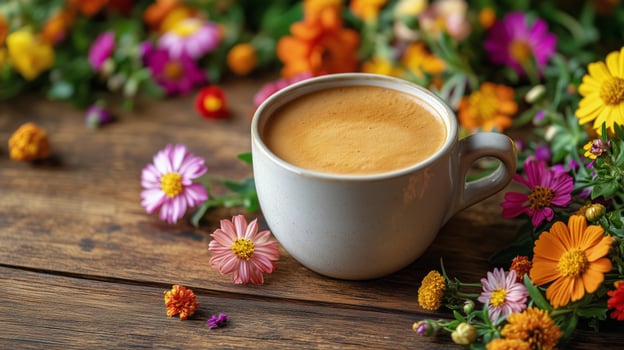 Enjoying coffee surrounded by vibrant flowers in a cozy setting. photo