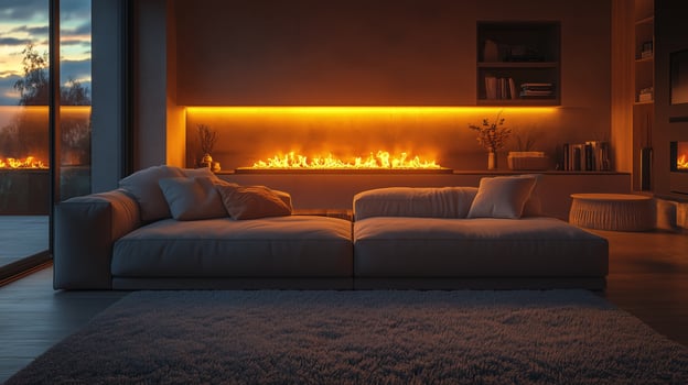 Cozy living room with warm lights and a glowing fireplace during evening hours. photo